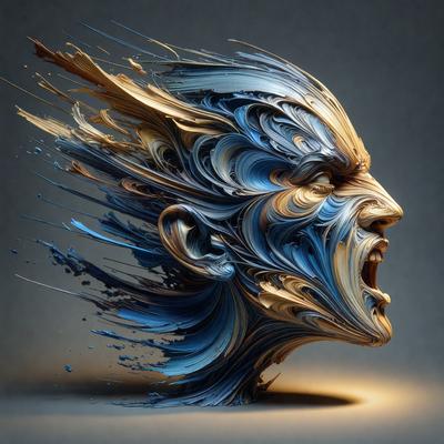 The primary subject of the image is a close-up of a sculpture of a head, which appears to be a painting or a digital artwork. The setting is a dark room, and the visual style is a combination of photo and digital art. The colors and mood of the image are predominantly dark and moody, with the head being the main focal point.